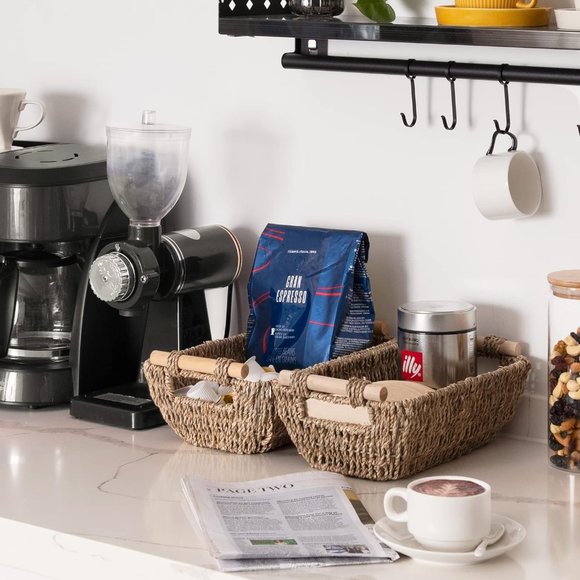 2-Pack Small Wicker Handwoven Seagrass Rattan Baskets with Wooden Handles - Picture 8 of 8